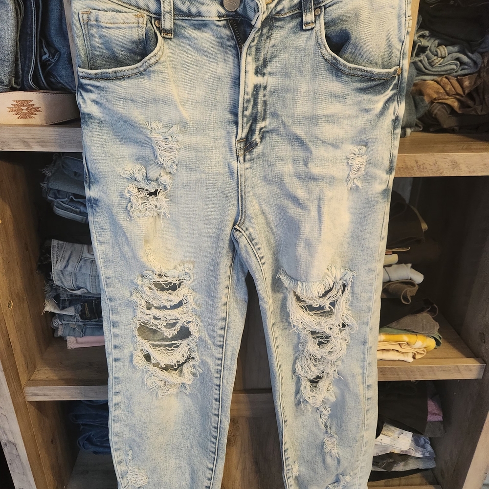 Distressed Light Blue Straight Leg Jeans